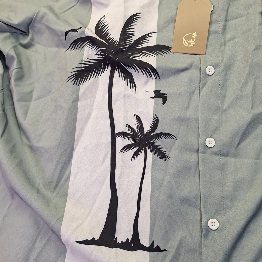 Mens 4XL Tropical Palm Tree Button Down Shirt‎ Grey White Short Sleeve beach - Picture 6 of 10